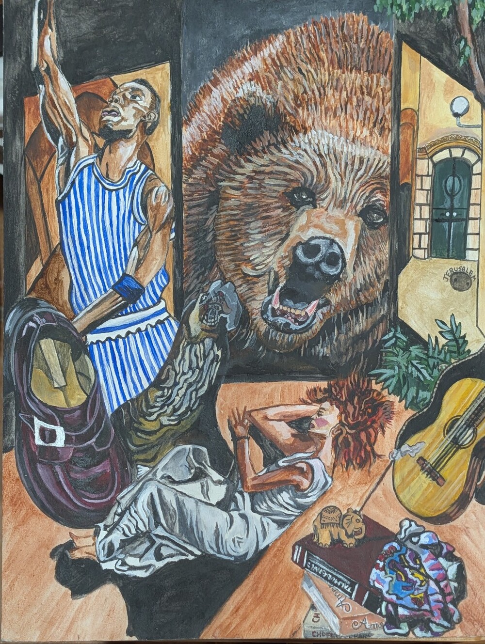 Bear, Basketball, And Beauty Hand Painted On Paper Wall Art